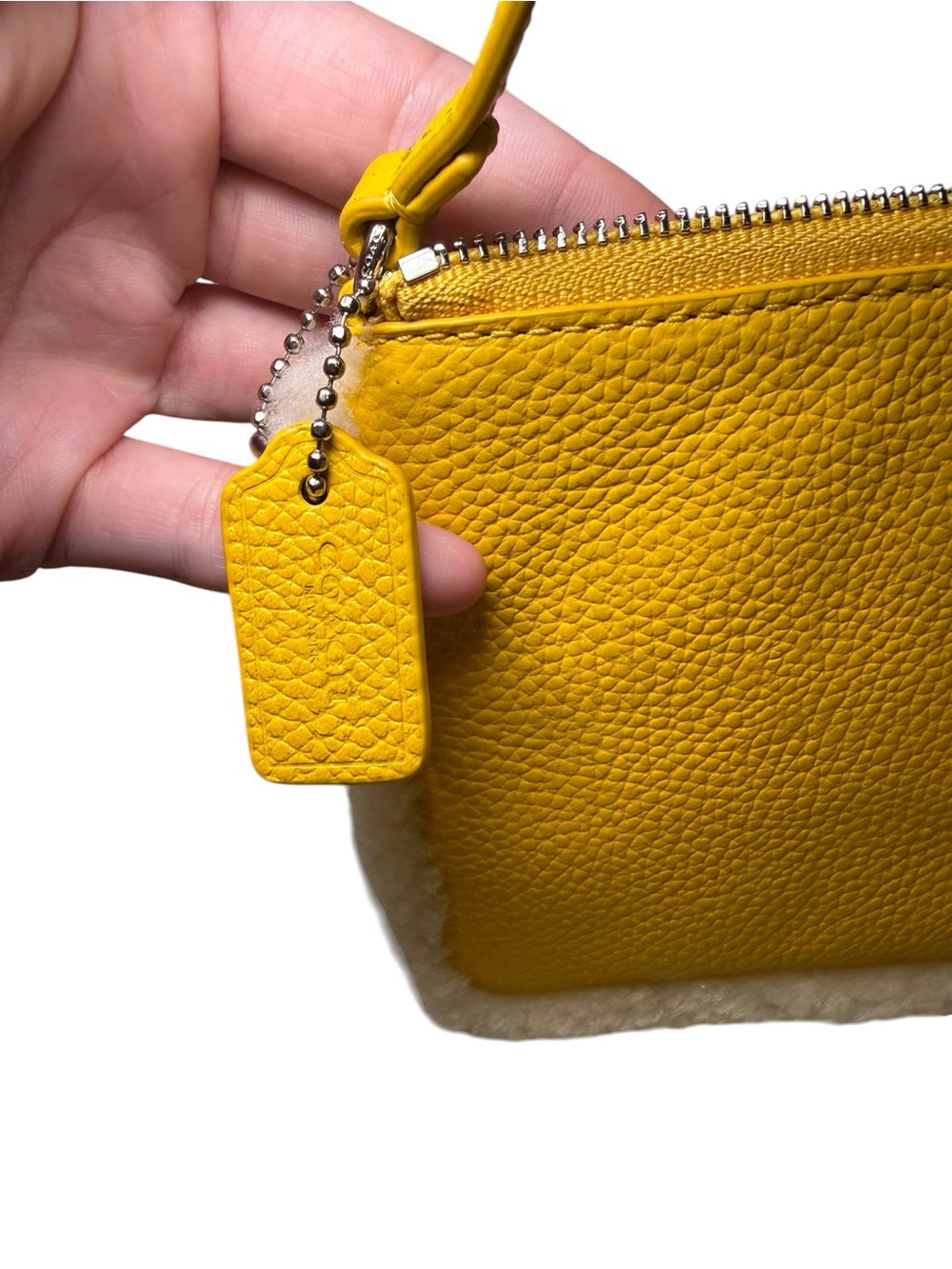 Coach Pebble Leather Corner Zip Wristlet with Sherpa Trim Honeycomb Yellow - Picture 2 of 12
